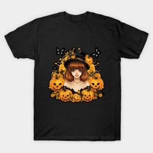 Anime Halloween Witch Girl with Pumpkins and Butterflies T-Shirt